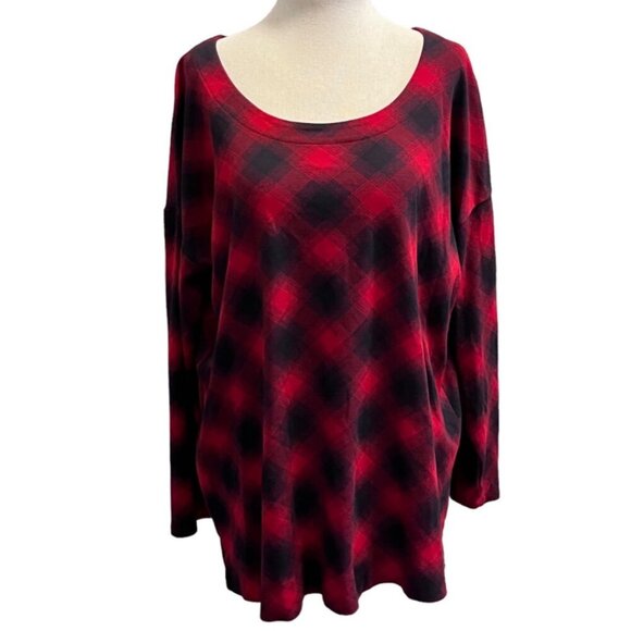 J Jill LP Simply Supima Scoop Neck Tunic 100% Supima Cotton Red & Black Plaid - Picture 1 of 8